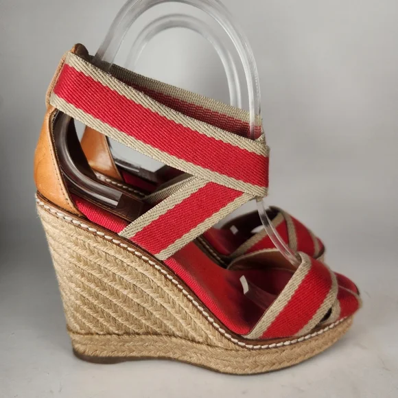 TORY BURCH Women's Adonis Espadrille Sandal Size 5 Red Wedge Leather Made Spain - Picture 2 of 12